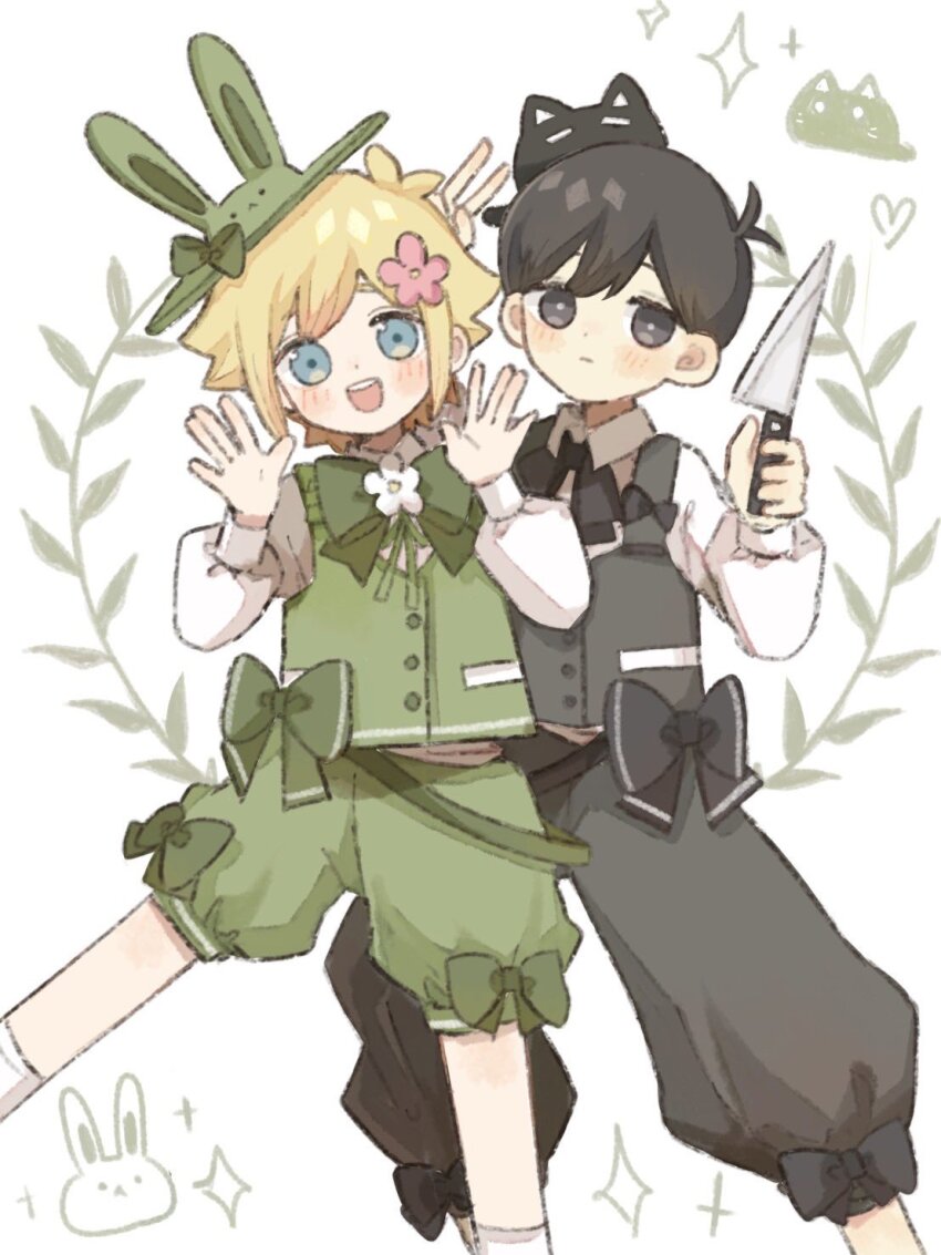 2boys, alternate_costume, basil_(faraway)_(omori), basil_(omori), black_bow, black_hair, black_pants, blonde_hair