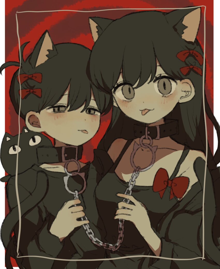 1boy, 1girl, animal_ears, black_hair, bow, brother_and_sister, cat_boy, cat_ears