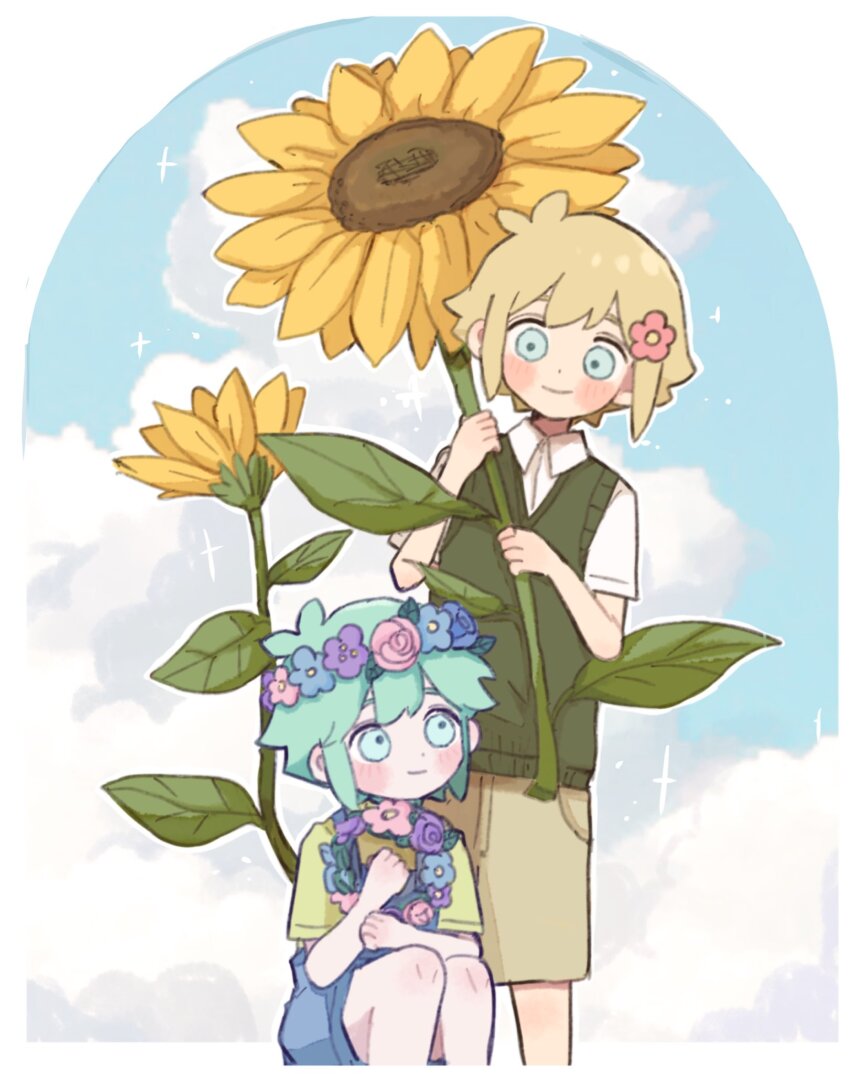 2boys, basil_(faraway)_(omori), basil_(headspace)_(omori), basil_(omori), blonde_hair, blue_eyes, blue_overalls, blush