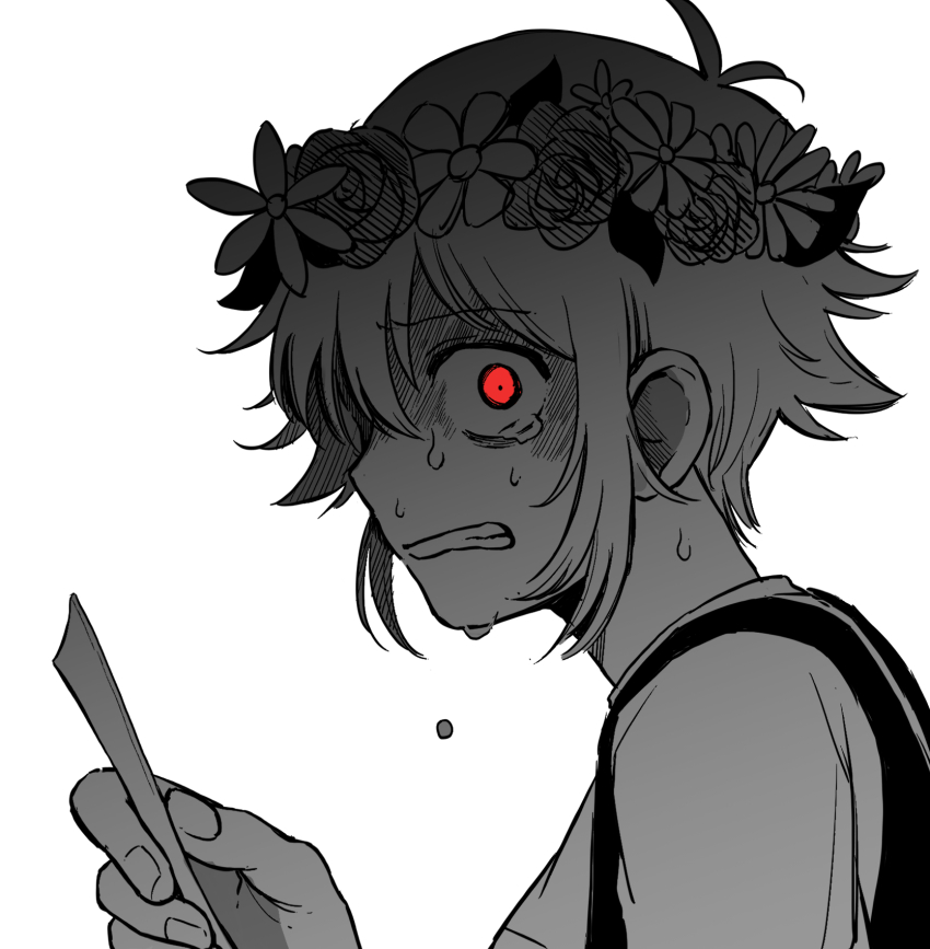 1boy, basil_(headspace)_(omori), basil_(omori), clenched_teeth, crying, crying_with_eyes_open, flower, greyscale