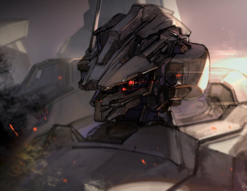 armored_core, armored_core_vi:_fires_of_rubicon, embers, grey_background, highres, mecha, mecha_focus, nightfall_(armored_core_vi)
