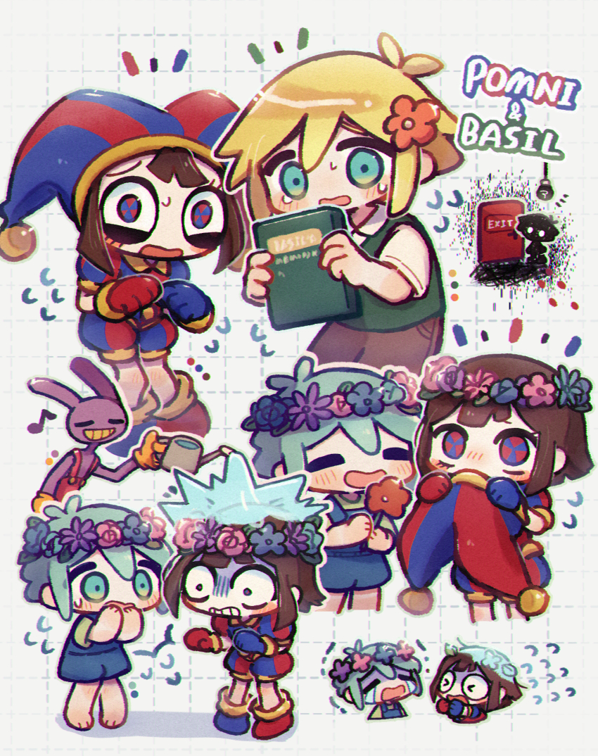 1girl, 3boys, asymmetrical_gloves, basil_(faraway)_(omori), basil_(headspace)_(omori), basil_(omori), blonde_hair, blue_eyes