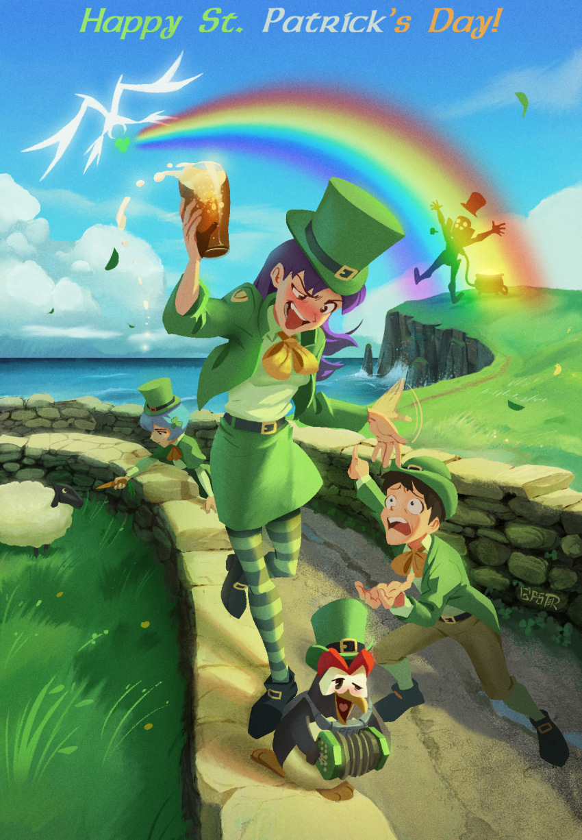 1boy, 2girls, alcohol, angel_(evangelion), arael, artist_name, ayanami_rei, beer, belt, belt_boots, belt_buckle, bird, black_belt, black_footwear, black_hair, blue_hair, blue_sky, blush, boots, bow, bowtie, brown_pants, buckle, carrot, cauldron, cliff, cloud, clover, clover_hair_ornament, collared_shirt, concertina, cumulonimbus_cloud, cup, day, distress, dress_shirt, drinking, drinking_glass, drunk, energy_beam, english_text, eva_02, falling_leaves, feeding_animal, full_body, giaster, grass, green_hat, green_jacket, green_skirt, green_socks, green_thighhighs, hair_ornament, hat, hat_ribbon, highres, holding, holding_carrot, holding_cup, holding_instrument, horizon, ikari_shinji, instrument, jacket, katsuragi_misato, leaf, leprechaun, multiple_girls, music, neon_genesis_evangelion, nose_blush, ocean, on_wall, open_mouth, outdoors, outstretched_arms, pants, parody, penguin, penpen, playing_instrument, pointing, pun, purple_hair, rainbow, reaching, ribbon, road, saint_patrick's_day, shamrock, sheep, shirt, short_hair, signature, skirt, sky, socks, splashing, stone_wall, striped_clothes, striped_thighhighs, thighhighs, tongue, tongue_out, top_hat, wall, water, white_shirt, worried, yellow_bow, yellow_bowtie