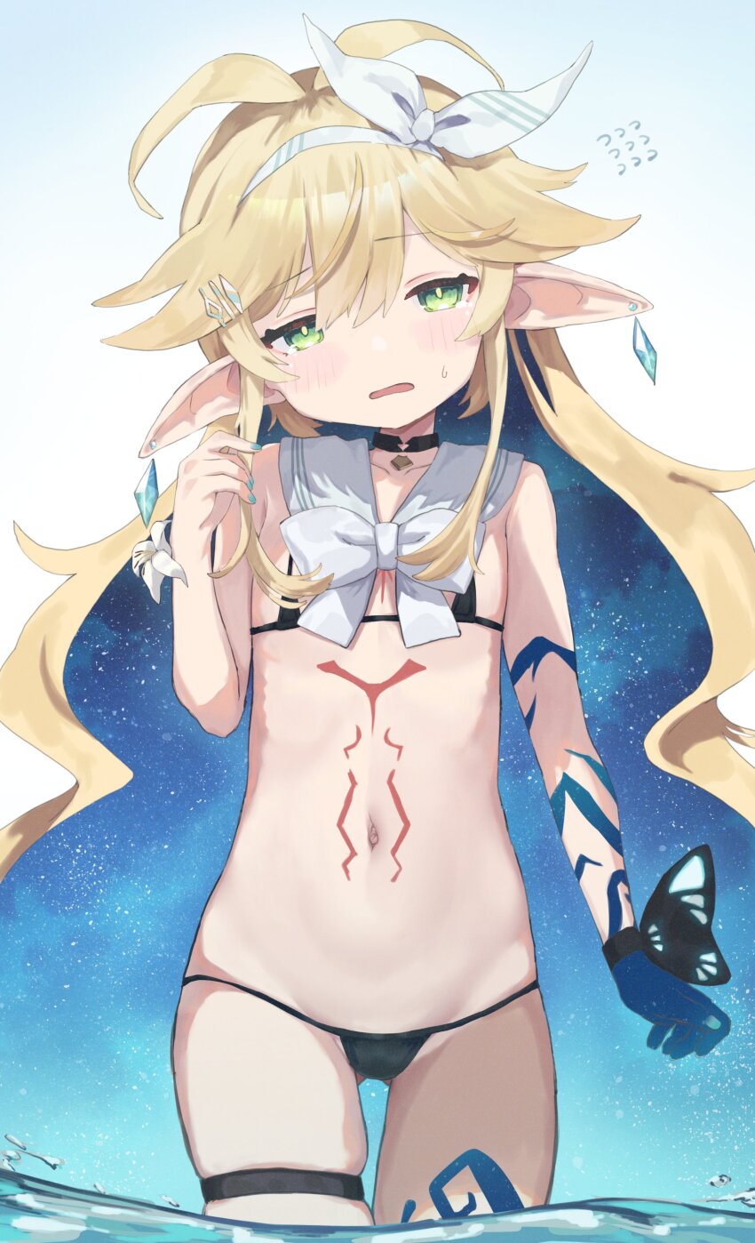 1girl, absurdres, ac8231, aqua_nails, black_skirt, blonde_hair, borrowed_character, bow