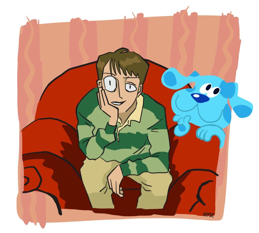 1boy, absurdres, armchair, black_eyes, blue's_clues, blue_(blue's_clues), border, brown_hair