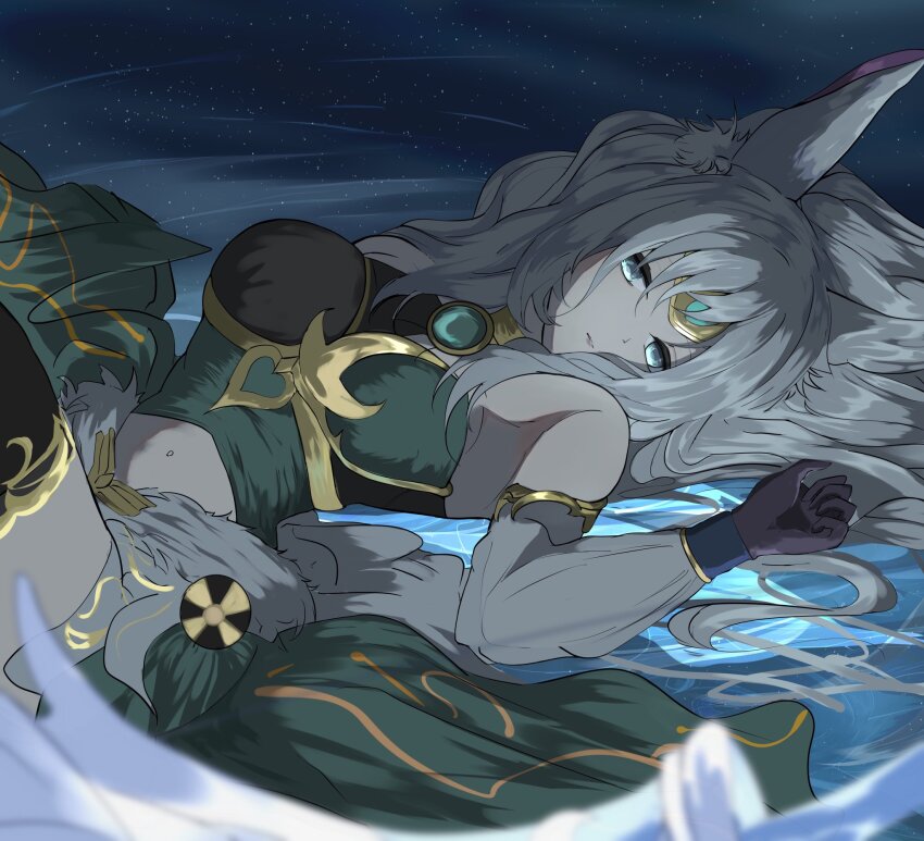 1girl, animal_ear_fluff, animal_ears, apollousa_bow_of_the_goddess, aqua_eyes, black_gloves, breasts, duel_monster