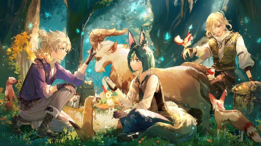 3boys, ;d, absurdres, albedo_(genshin_impact), albedo_(m&amp;g)_(genshin_impact), animal_ear_fluff, animal_ears, aqua_butterfly