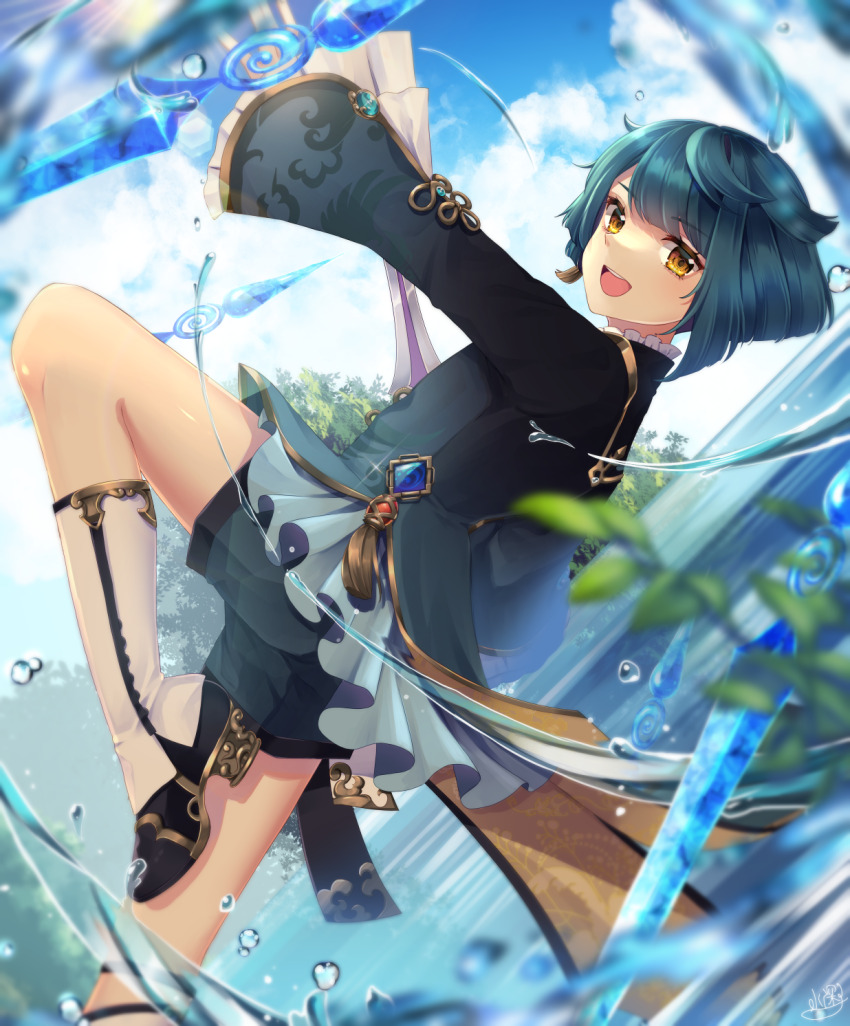 1boy, :d, black_boots, blue_coat, blue_gem, blue_hair, blue_shorts, blue_sky