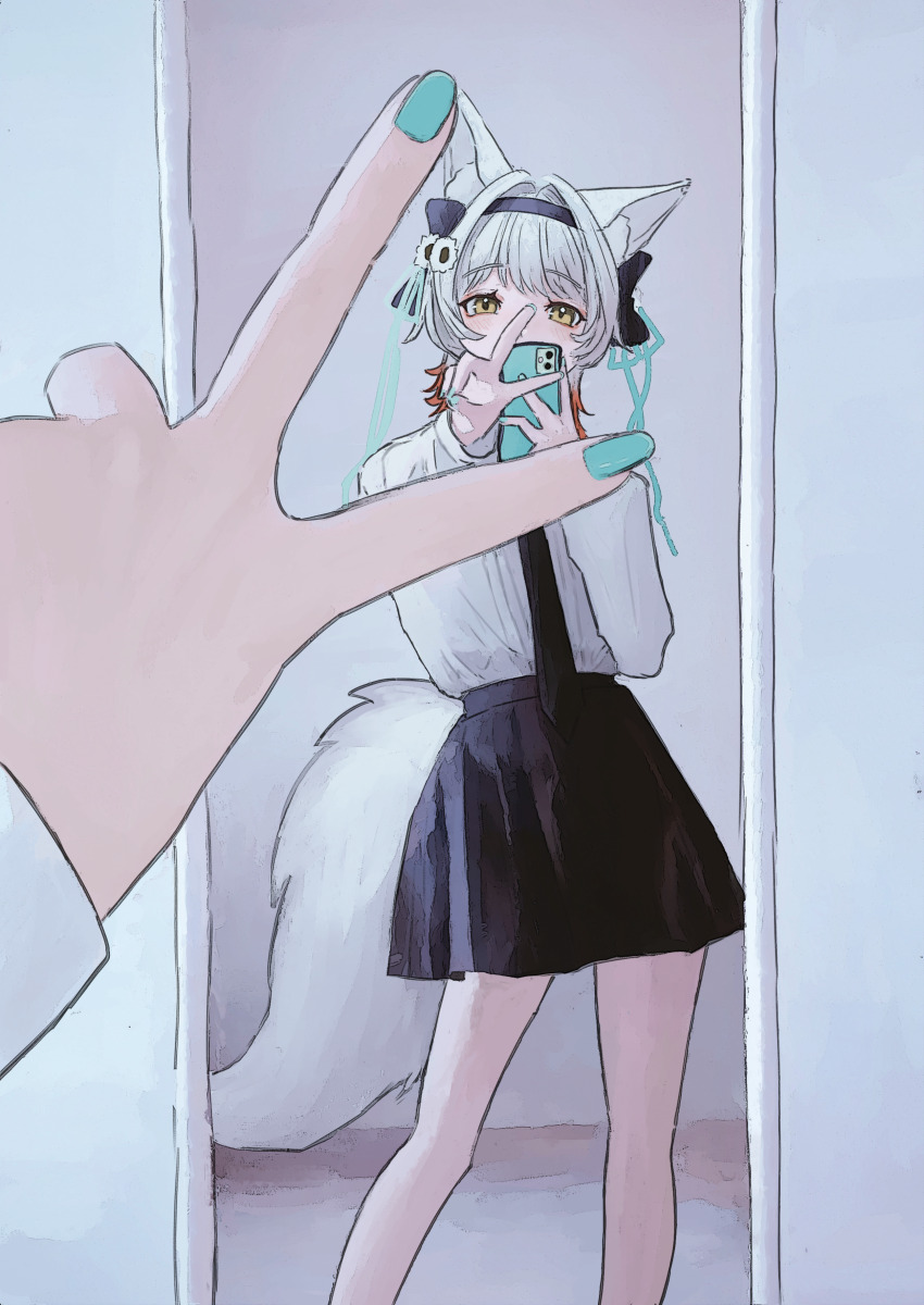 1girl, absurdres, animal_ears, aqua_nails, black_hairband, black_necktie, black_skirt, blue_nails, cellphone, collared_shirt, feet_out_of_frame, female_pov, fingernails, grey_hair, hair_intakes, hair_ornament, hairband, highres, holding, holding_phone, kurou_satsuki, long_sleeves, looking_at_mirror, looking_at_viewer, mirror, mirror_selfie, multicolored_hair, nail_polish, necktie, orange_hair, phone, pleated_skirt, ponta_(matsuokazieg), pov, pov_hands, reflection, ribbon, selfie, shirt, shirt_tucked_in, skirt, smartphone, solo, standing, tail, taking_picture, v, virtual_youtuber, white_hair, white_shirt, wolf_ears, wolf_girl, wolf_tail, yellow_eyes, zero_project