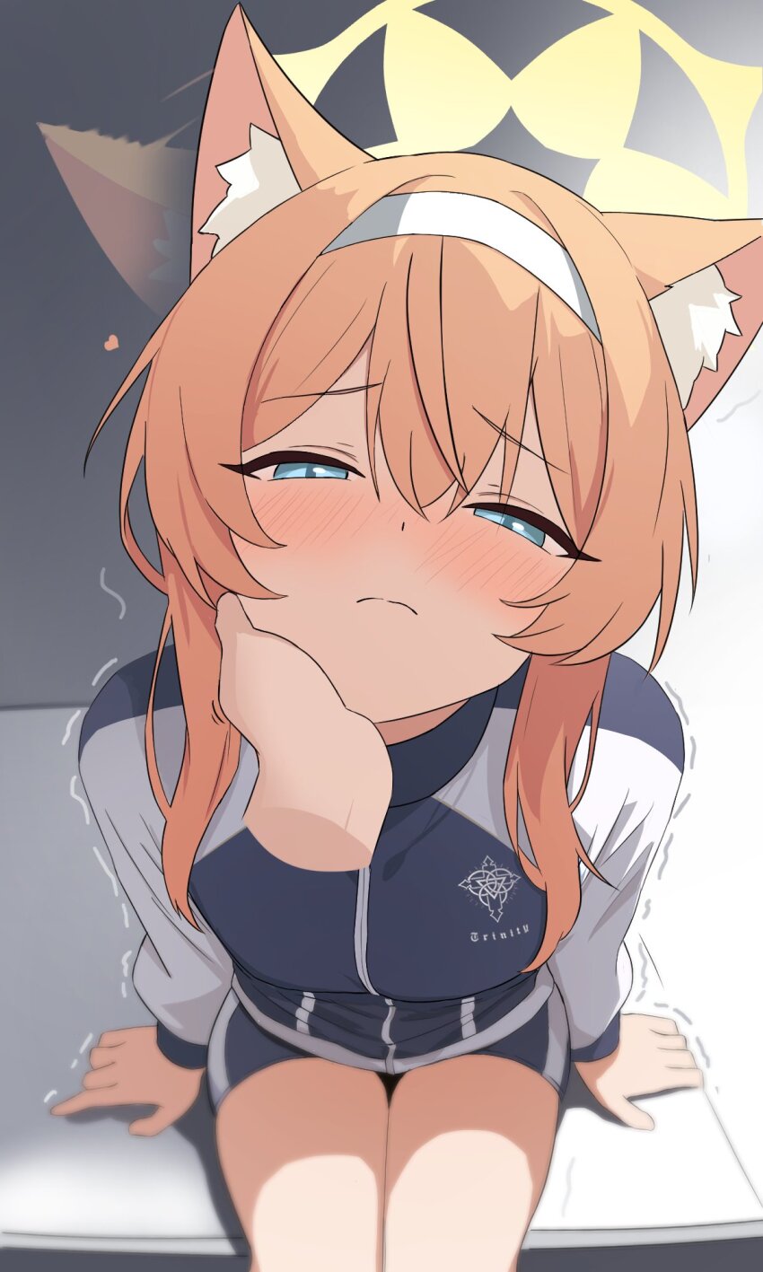 1girl, animal_ear_fluff, animal_ears, arm_support, blue_archive, blue_eyes, blush, closed_mouth