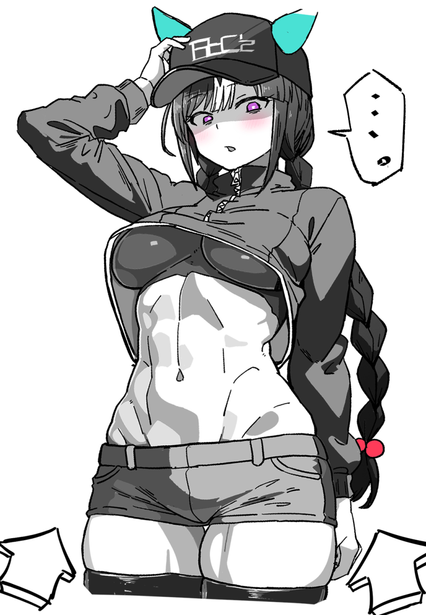 ..., 1girl, abs, animal_ears, arm_up, arrow_(symbol), baseball_cap, black_thighhighs, blush, boc'z_(umamusume), braid, breasts, commentary_request, cropped_jacket, cropped_legs, ears_through_headwear, groin, hat, highres, hokko_tarumae_(boc'z)_(umamusume), hokko_tarumae_(umamusume), horse_ears, horse_girl, horse_tail, large_breasts, long_hair, long_sleeves, low_twin_braids, multicolored_hair, navel, open_mouth, purple_eyes, short_shorts, shorts, simple_background, solo, speech_bubble, spoken_ellipsis, spot_color, streaked_hair, tail, thighhighs, twin_braids, umamusume, very_long_hair, white_background, yaki_apple