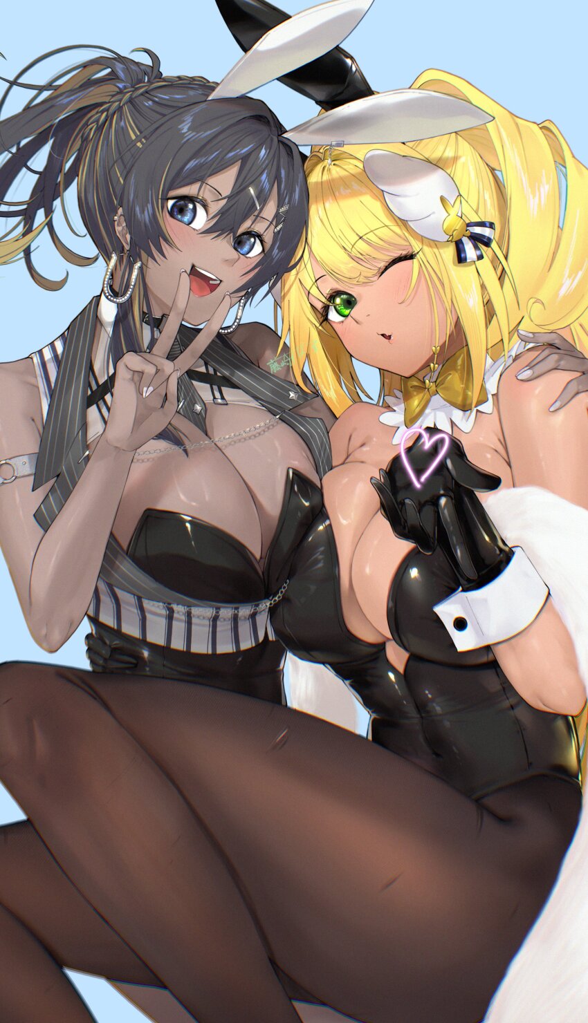2girls, absurdres, animal_ears, arm_strap, bare_shoulders, between_breasts, black_gloves, black_hair