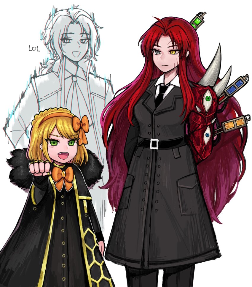 1boy, 2girls, :d, absurdres, arm_at_side, arms_behind_back, black_coat, black_necktie, blonde_hair, bow, bowtie, chesed_(project_moon), clenched_hand, closed_mouth, coat, collared_shirt, cowboy_shot, e.g.o_(project_moon), facing_viewer, fang, gebura_(project_moon), gold_trim, green_eyes, grey_coat, grey_eyes, hair_bow, hairband, hand_up, height_difference, heterochromia, highres, hologram, kangrim39, library_of_ruina, long_hair, long_sleeves, looking_at_viewer, medium_hair, mimicry_(e.g.o), multiple_girls, necktie, open_mouth, orange_bow, orange_bowtie, orange_hairband, parted_bangs, project_moon, scar, scar_across_eye, scar_on_face, shirt, sidelocks, simple_background, smile, swept_bangs, syringe, teeth, tiphereth_a_(project_moon), upper_teeth_only, very_long_hair, white_background, white_shirt, yellow_eyes