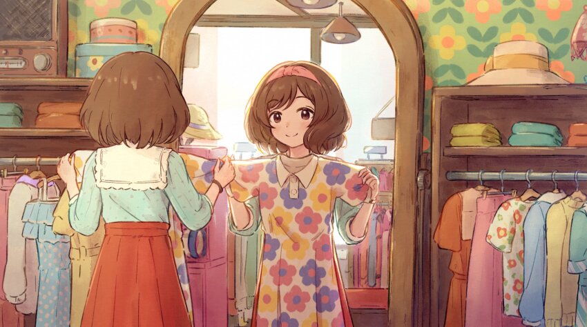 1girl, birthday, blue_dress, blush, brown_eyes, brown_hair, buttons, closed_mouth