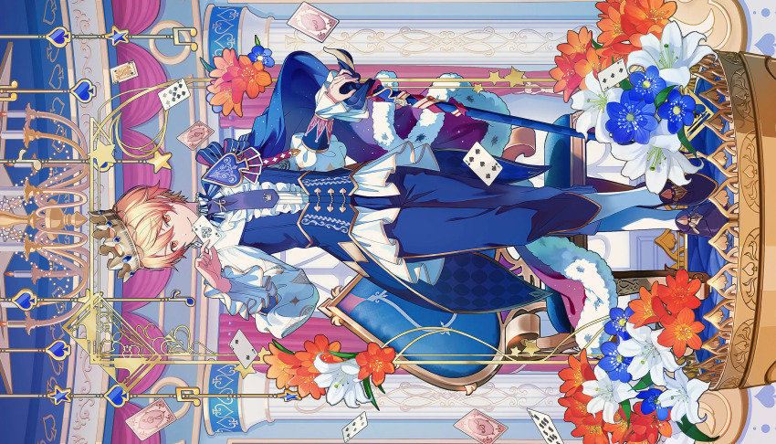 1boy, ace_(playing_card), ace_of_spades, aristocratic_clothes, blue_flower, blue_theme, card, closed_mouth