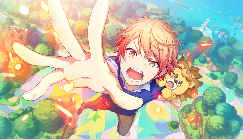 1boy, animal, blue_sweater_vest, brown_pants, collared_shirt, colorful_palette, creature, dutch_angle