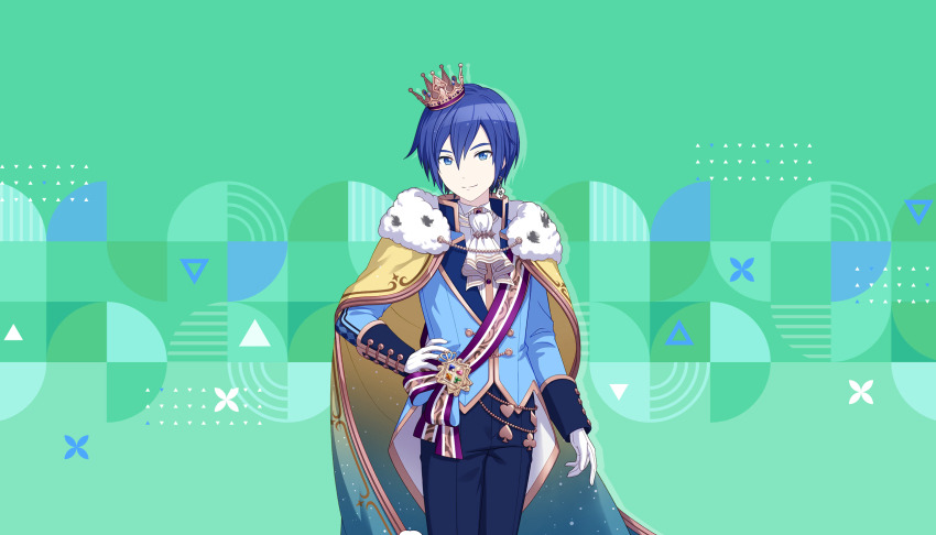 1boy, aristocratic_clothes, blue_eyes, blue_hair, cape, closed_mouth, colorful_palette, cowboy_shot