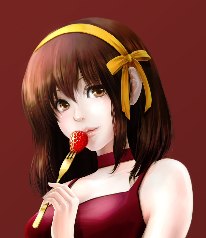 10s, 1girl, bare_shoulders, brown_eyes, brown_hair, choker, dress, female_focus, food, fork, fruit, hair_ribbon, hairband, holding, holding_fork, kaja, lips, realistic, ribbon, short_hair, solo, strawberry, suzumiya_haruhi, suzumiya_haruhi_no_shoushitsu, suzumiya_haruhi_no_yuuutsu