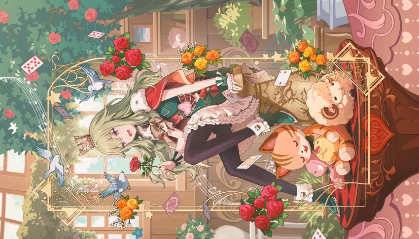 1girl, ace_(playing_card), ace_of_hearts, ankle_boots, aristocratic_clothes, baby's-breath, bird, black_pantyhose, boots, card, colorful_palette, crown, dove, dress, flower, foot_up, full_body, green_boots, green_dress, green_hair, green_theme, heart, high_heels, highres, holding, holding_card, holding_flower, hoshi_o_mezashite_yoosoroo!_(project_sekai), jack_(playing_card), kusanagi_nene, low-tied_sidelocks, musical_staff, official_alternate_costume, official_art, orange_flower, pantyhose, playing_card, project_sekai, purple_eyes, queen_(playing_card), red_flower, red_rose, red_theme, rose, sidelocks, sideways, sitting, solo, star_(symbol), stuffed_animal, stuffed_cat, stuffed_rabbit, stuffed_sheep, stuffed_toy, treble_clef, tree, wrist_cuffs