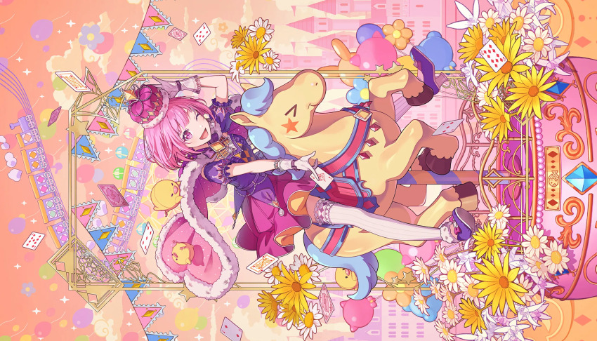 1girl, ace_(playing_card), ace_of_diamonds, aristocratic_clothes, balloon, belt, bubble_skirt, card