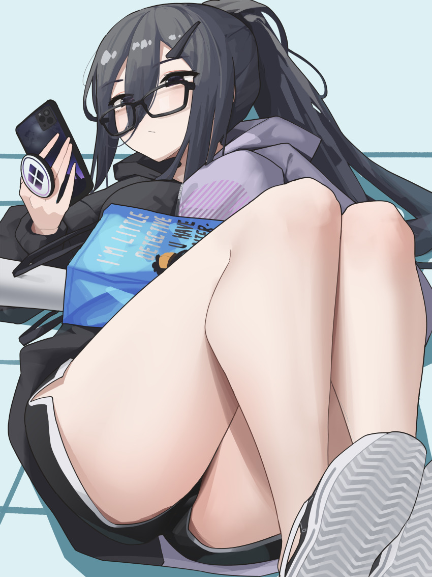 1girl, absurdres, black_hair, black_hoodie, breasts, cellphone, exia_(gamer)_(nikke), exia_(nikke), glasses, gloomyowl, goddess_of_victory:_nikke, hair_between_eyes, hair_ornament, hairclip, highres, holding, holding_phone, hood, hoodie, long_hair, lying, medium_breasts, official_alternate_costume, on_back, phone, ponytail, purple_eyes, purple_hoodie, shoes, sidelocks, smartphone, sneakers, solo, thighs, two-tone_hoodie