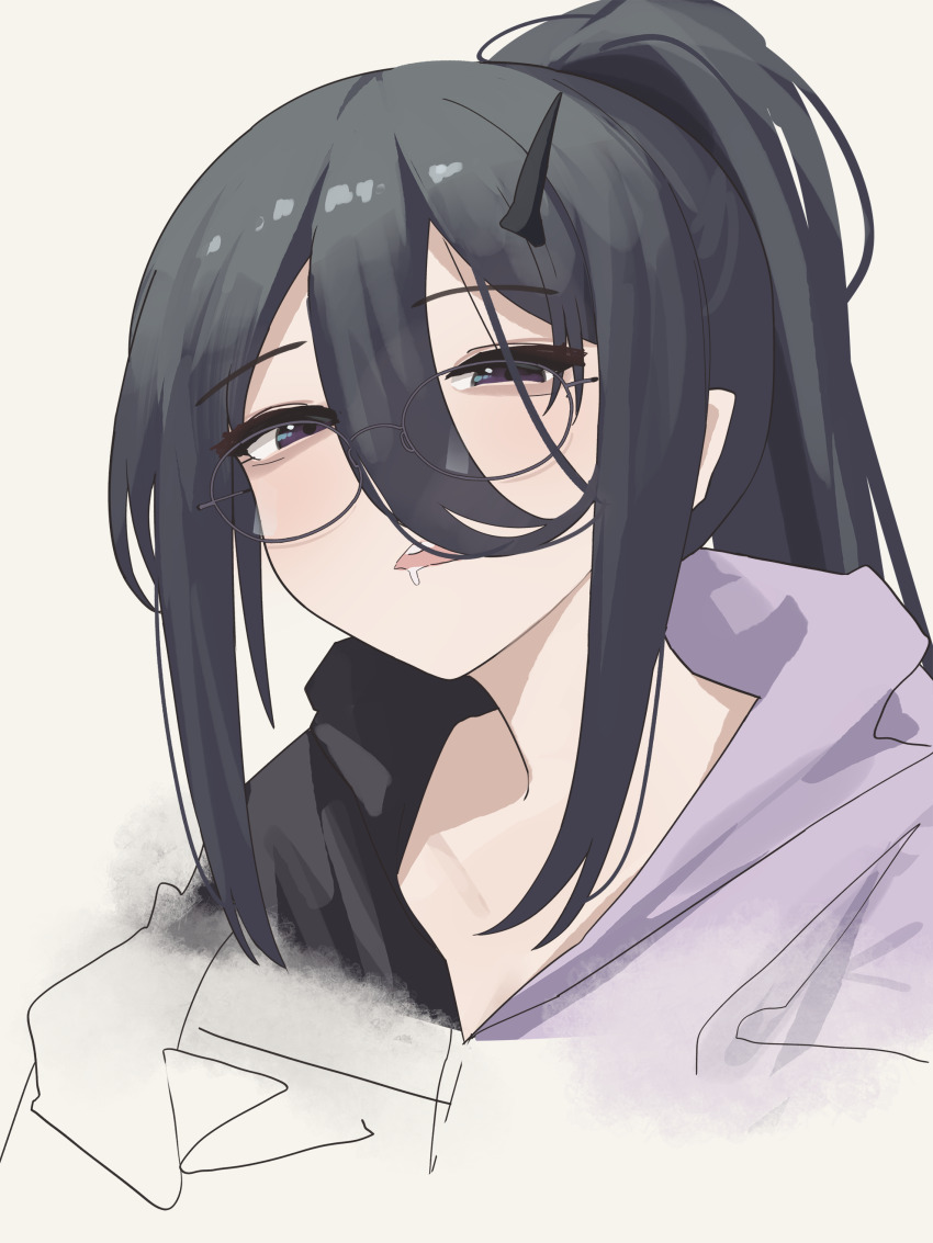 1girl, absurdres, black_hair, black_hoodie, drooling, exia_(gamer)_(nikke), exia_(nikke), glasses