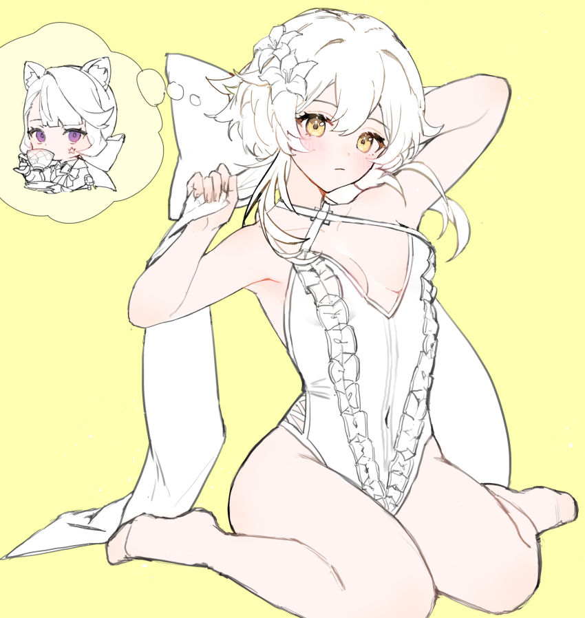 1girl, animal_ears, blush, breasts, closed_mouth, cosplay, covered_navel, criss-cross_halter, cup, flower, genshin_impact, hair_between_eyes, hair_flower, hair_ornament, halterneck, highres, holding, holding_cup, kuqfh, leotard, looking_at_viewer, lumine_(genshin_impact), lynette_(genshin_impact), lynette_(genshin_impact)_(cosplay), medium_breasts, orange_eyes, pantyhose, purple_eyes, short_hair_with_long_locks, simple_background, sitting, solo, yellow_background