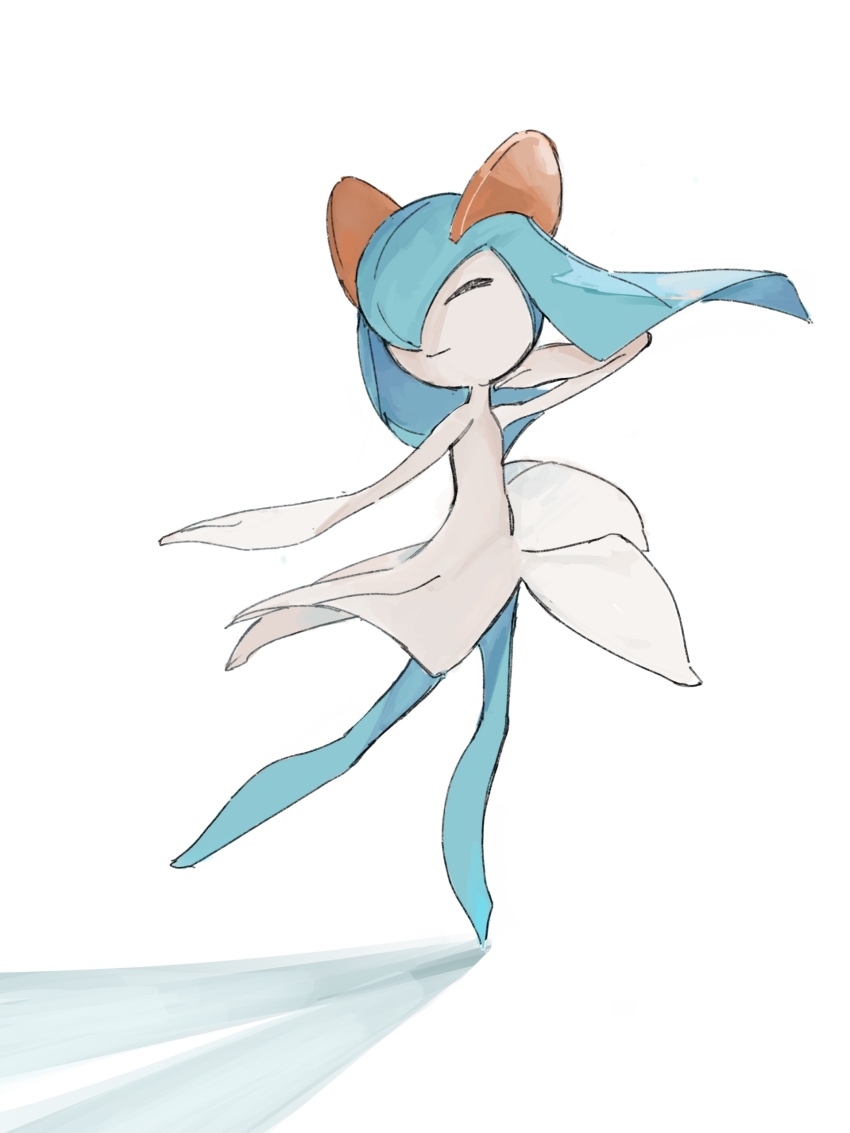 1girl, ^_^, absurdres, alternate_color, arms_up, backlighting, blue_hair, blue_skin, child, closed_eyes, closed_mouth, colored_skin, dancing, female_focus, flat_chest, full_body, gen_3_pokemon, happy, highres, kirlia, leg_up, medium_hair, multicolored_skin, nintendo, outstretched_arm, pokemon, pokemon_(creature), shiny_pokemon, sidelocks, simple_background, smile, solo, standing, standing_on_one_leg, taishinten, two-tone_skin, white_background, white_skin