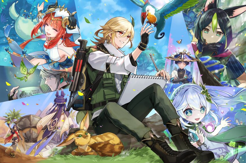 3girls, 5boys, absurdres, alhaitham_(genshin_impact), animal, animal_ears, animal_on_head, armor, backpack, bag, beetle, bird, bird_on_head, black_gloves, black_hair, blonde_hair, blubberbeast_(genshin_impact), book, boots, breasts, bug, closed_eyes, cloud, crossed_arms, crystalfly_(genshin_impact), cyno_(genshin_impact), day, dehya_(genshin_impact), desert, dress, earrings, fingerless_gloves, fox_boy, fox_ears, genshin_impact, gloves, grass, green_vest, grey_hair, hair_between_eyes, harem_outfit, hat, highres, horns, insect, japanese_armor, japanese_clothes, jewelry, kaveh_(discovery)_(genshin_impact), kaveh_(genshin_impact), kote, kurokote, leaf, long_hair, medium_breasts, multicolored_hair, multiple_boys, multiple_girls, muri_(pan'ichi_murimuri_geinin), mushroom, nahida_(genshin_impact), nilou_(genshin_impact), on_head, open_mouth, pants, pointy_ears, ponytail, pyramid_(structure), red_eyes, red_hair, rock, scaramouche_(genshin_impact), shirt, side_ponytail, single_earring, sitting, sky, tighnari_(genshin_impact), tree, underwater, veil, vest, vision_(genshin_impact), wanderer_(genshin_impact), white_hair