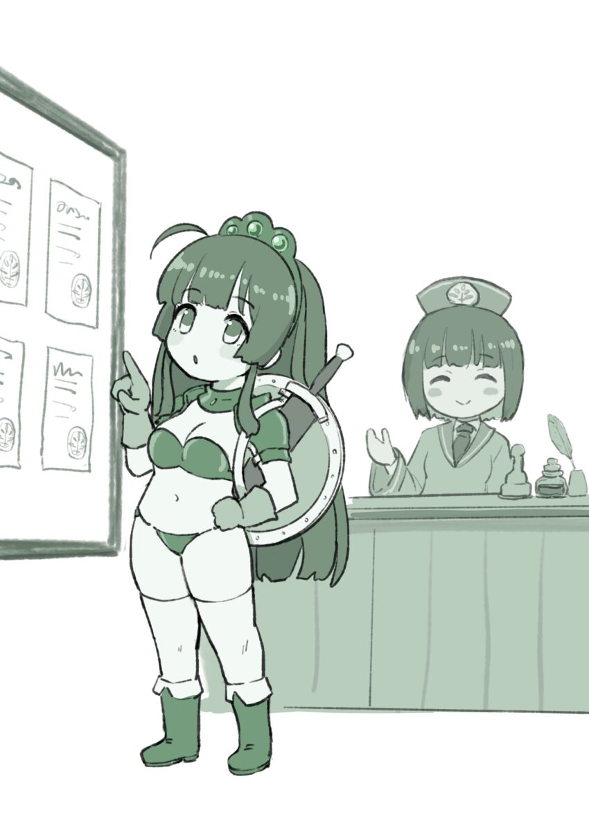 2girls, :o, ahoge, alternate_costume, armor, bikini, bikini_armor, billboard