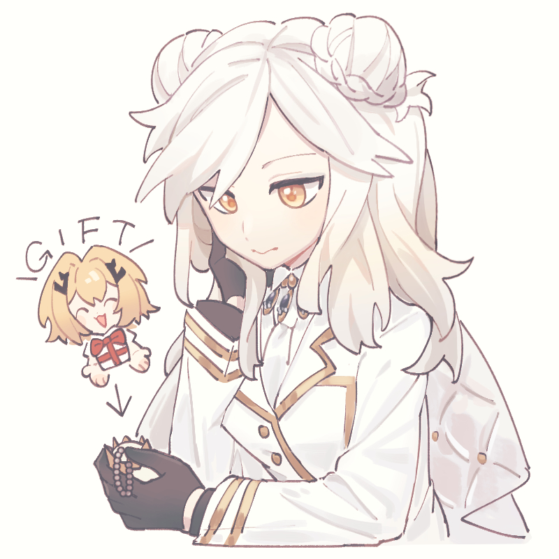 2girls, ^_^, alchemy_stars, black_gloves, blonde_hair, box, carleen_(alchemy_stars), chair