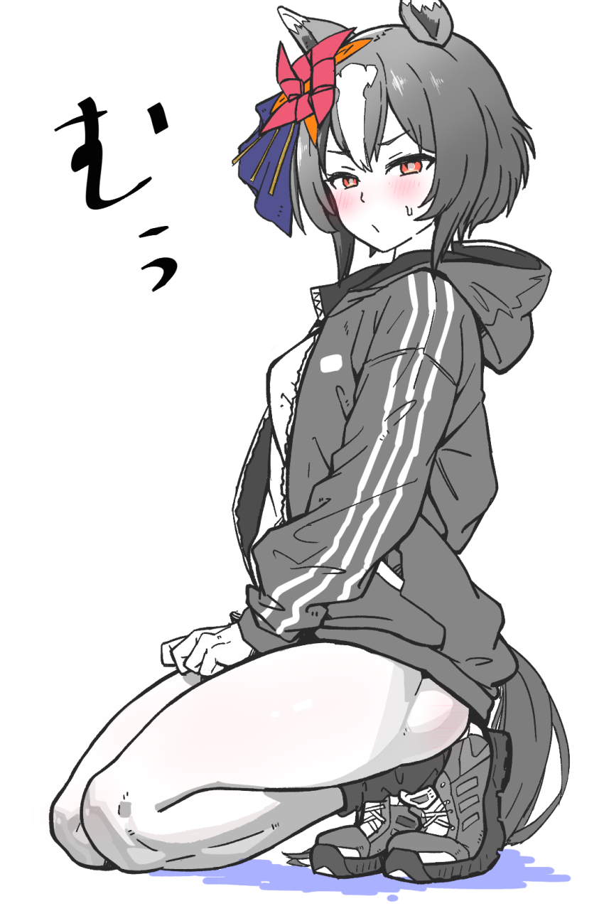 1girl, alternate_costume, animal_ears, blush, commentary_request, ear_covers, greyscale, hair_between_eyes