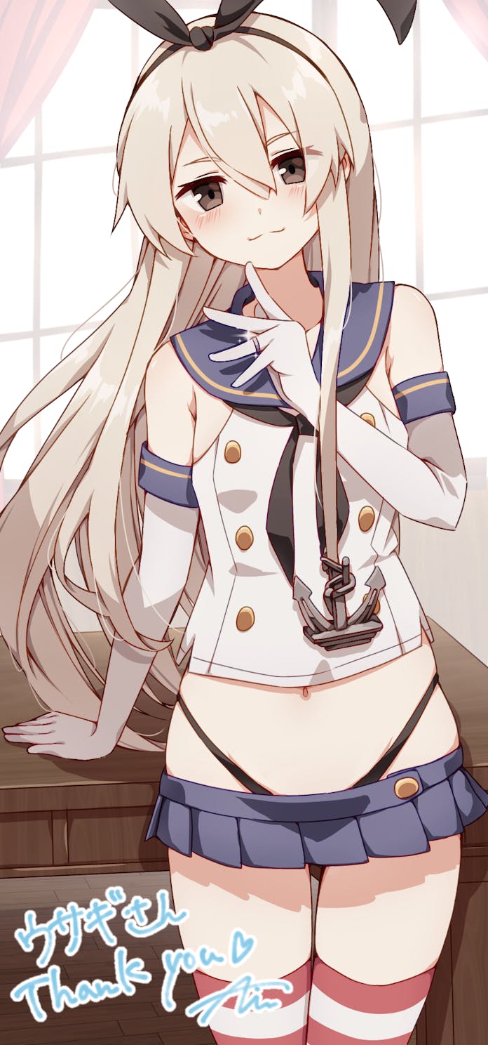 1girl, anchor_hair_ornament, black_eyes, black_neckerchief, black_panties, blonde_hair, blue_skirt, blush