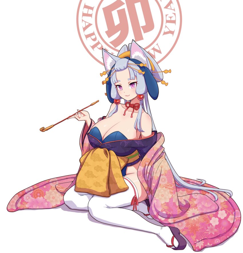 1girl, :3, animal_ears, bangs_pinned_back, breasts, chinese_zodiac, cleavage, closed_mouth, collarbone, commentary_request, fake_animal_ears, fox_ears, full_body, furisode, hair_ornament, hair_stick, hand_up, haori, happy_new_year, highres, holding, holding_smoking_pipe, huge_breasts, japanese_clothes, kimono, kimutomo_2, kiseru, looking_at_viewer, lop_rabbit_ears, neck_ribbon, new_year, nihongami, oiran, okobo, pink_eyes, platform_sandals, playboy_bunny, purple_kimono, rabbit_ears, red_ribbon, ribbon, sandals, short_kimono, simple_background, sitting, slit_pupils, smile, smoking_pipe, solo, thighhighs, touhoku_itako, voiceroid, wa_bunny, white_background, white_thighhighs, wide_sleeves, year_of_the_rabbit, yokozuwari