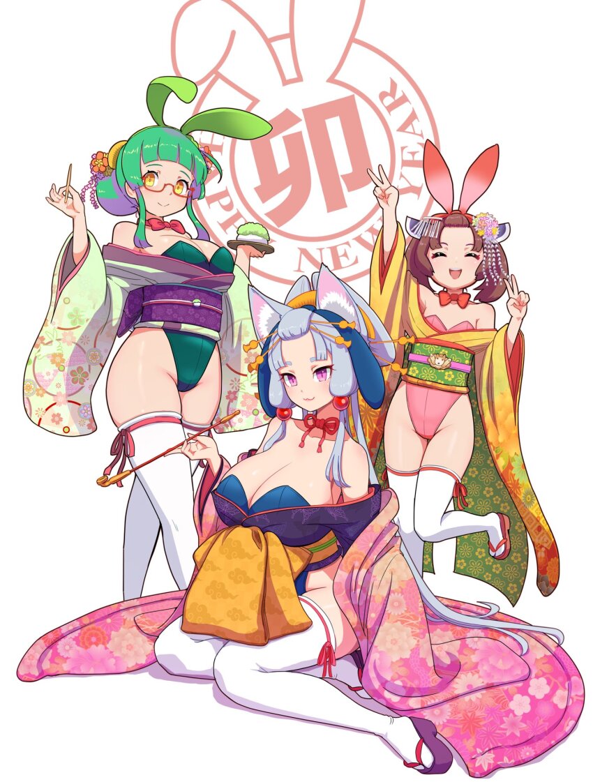 3girls, :3, ^_^, alternate_costume, alternate_hairstyle, animal_ears, arm_up, bangs_pinned_back