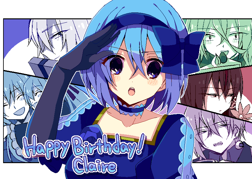 1girl, 4boys, :o, ashe_bradley, black_gloves, blue_bow, blue_choker, blue_dress