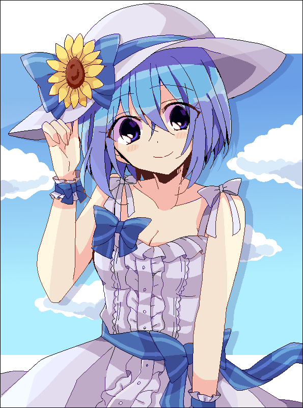 1girl, adjusting_clothes, adjusting_headwear, alternate_costume, bare_shoulders, blue_bow, blue_eyes, blue_hair