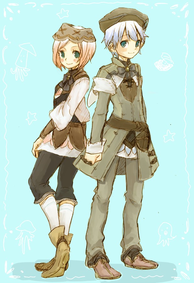 1boy, 1girl, aqua_background, aqua_eyes, azel_(rune_factory), eno_(8-23), harvest_moon, pink_hair