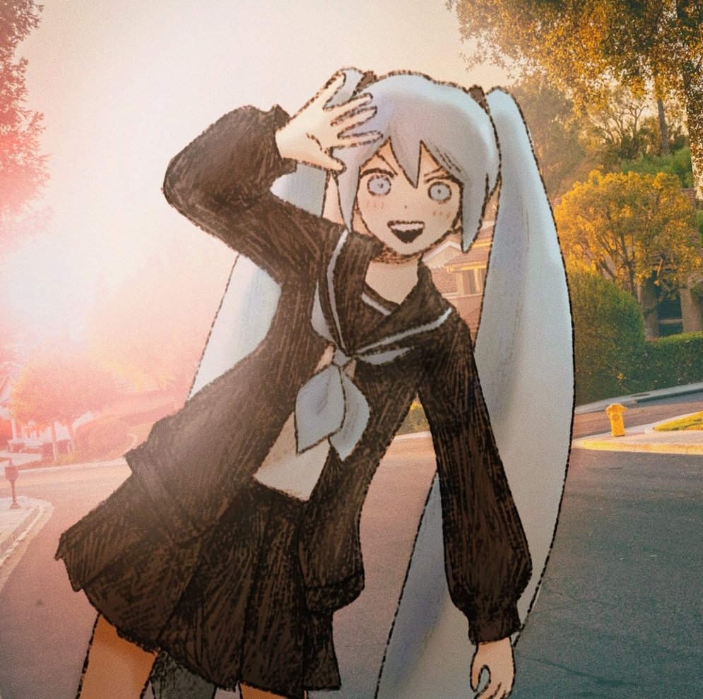 1girl, aqua_eyes, aqua_hair, aqua_neckerchief, arm_at_side, black_jacket, black_sailor_collar, black_skirt, commentary, english_commentary, fire_hydrant, hair_between_eyes, hair_ornament, hand_up, hatsune_miku, jacket, long_hair, long_sleeves, looking_at_viewer, neckerchief, omocat_(style), omori, open_clothes, open_jacket, open_mouth, outdoors, parody, photo_background, pleated_skirt, project_diva_(series), hatsune_miku_(rolling_girl), sailor_collar, sapgoon, school_uniform, shirt, sidewalk, skirt, smile, solo, style_parody, teeth, tree, twintails, upper_teeth_only, v-shaped_eyebrows, very_long_hair, vocaloid, white_shirt