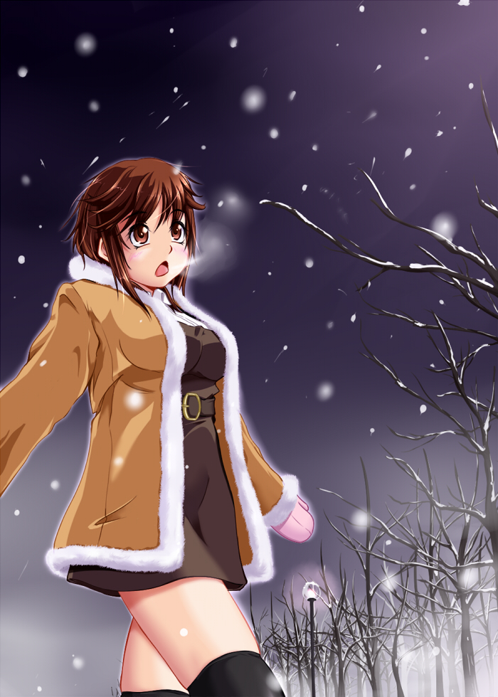 1girl, amagami, bad_id, bad_pixiv_id, bare_tree, breath, brown_eyes, brown_hair