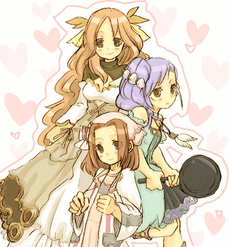 3girls, brown_hair, eno_(8-23), harvest_moon, iris_(rune_factory_oceans), lili_(rune_factory), lily_(rune_factory_oceans), long_hair, multiple_girls, odette_(rune_factory), purple_hair, rune_factory, rune_factory_oceans, short_hair, siblings, sisters
