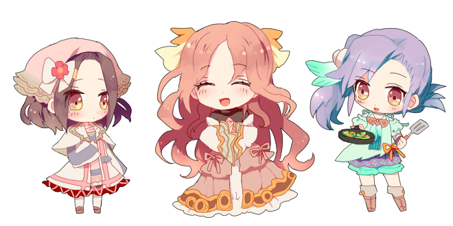 3girls, bad_id, bad_pixiv_id, brown_eyes, brown_hair, chibi, harvest_moon, hi_(miriri), iris_(rune_factory_oceans), lili_(rune_factory), lily_(rune_factory_oceans), long_hair, multiple_girls, odette_(rune_factory), purple_hair, red_hair, rune_factory, rune_factory_oceans, short_hair, siblings, sisters