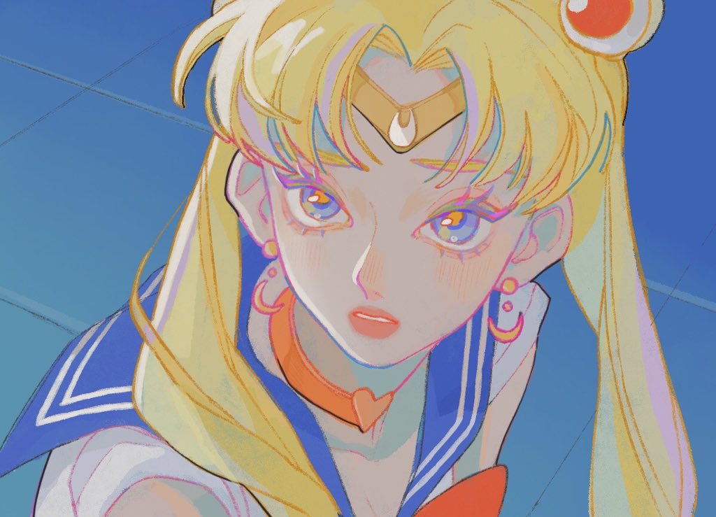 1girl, bishoujo_senshi_sailor_moon, bishoujo_senshi_sailor_moon_s, blonde_hair, blue_background, blue_eyes, blue_sailor_collar, bow
