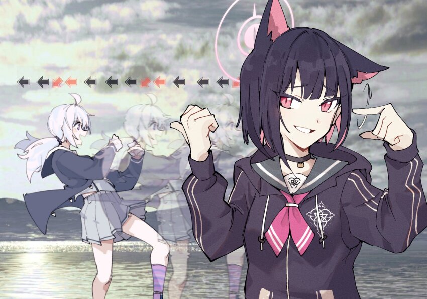 2girls, afterimage, ahoge, animal_ears, black_choker, black_hair, black_jacket, blue_archive