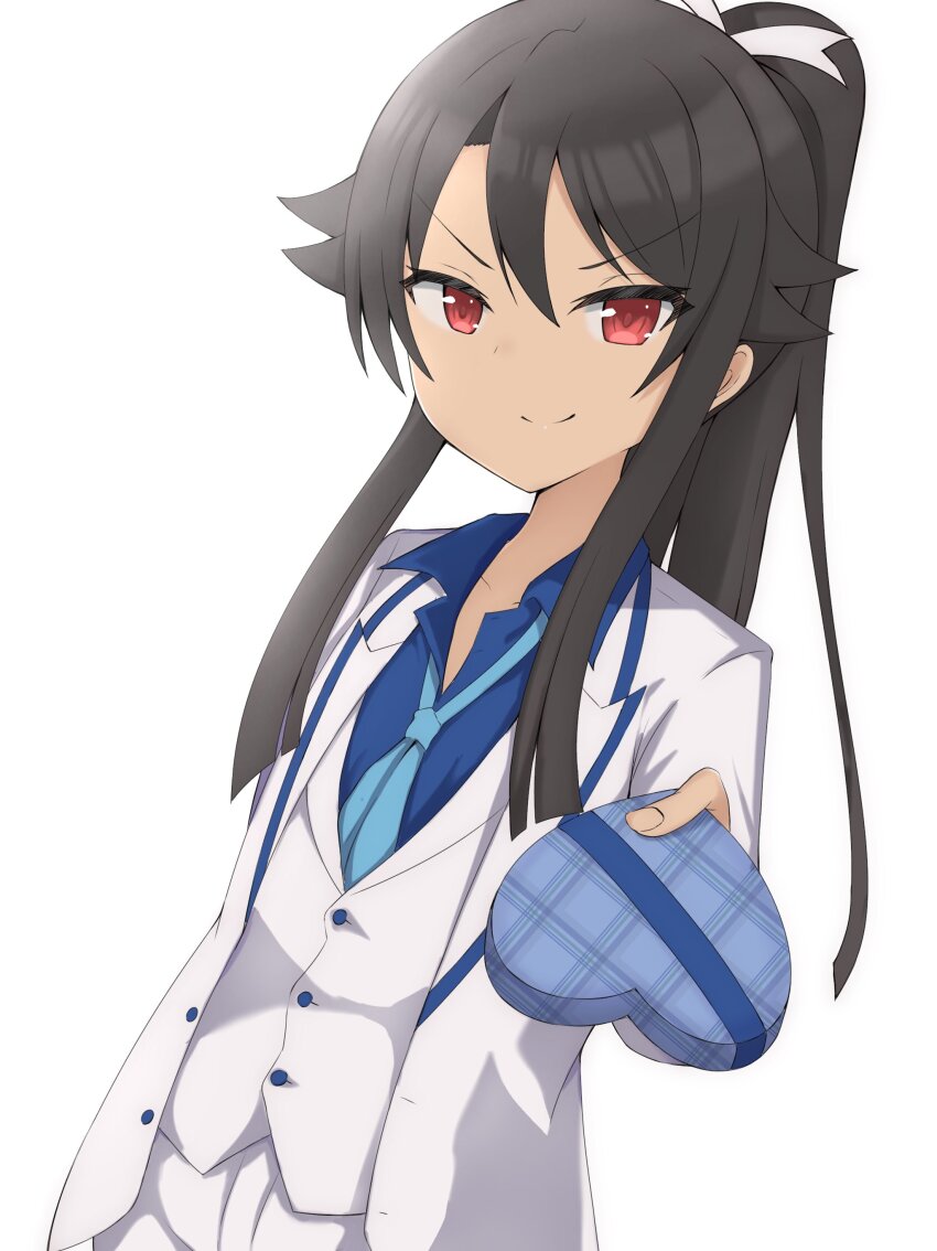 1girl, absurdres, black_hair, blue_shirt, box, collared_shirt, crossdressing, crossdressing_(ftm)