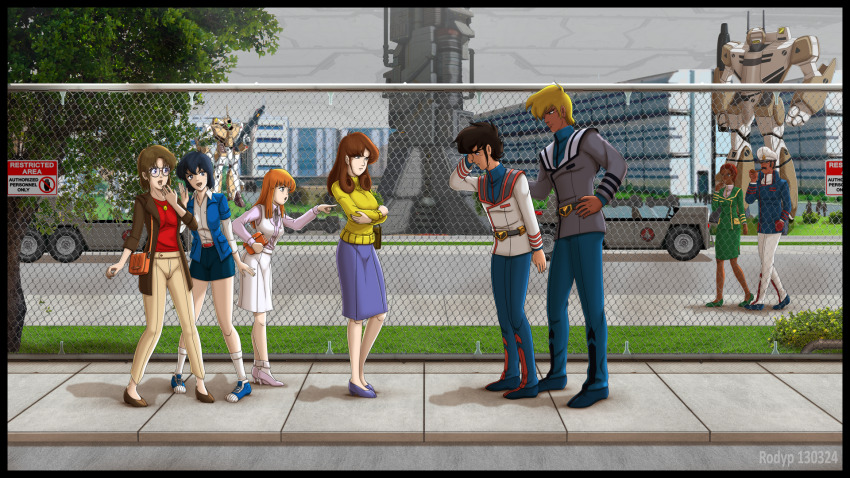 3boys, 5girls, battroid, building, car, choujikuu_yousai_macross, claudia_lasalle, commentary