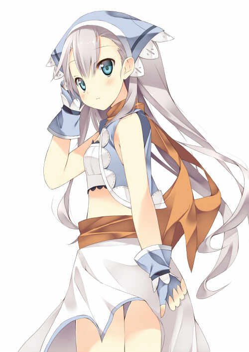 1girl, blue_eyes, female_focus, fingerless_gloves, gloves, headdress, karin_(rune_factory), kuwashima_rein, long_hair, midriff, rune_factory, rune_factory_3, scarf, silver_hair, simple_background, solo, white_background
