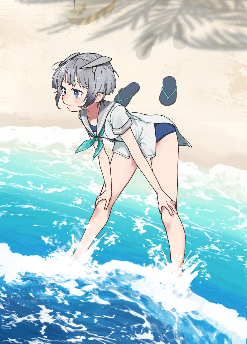 1girl, annin_musou, beach, blue_eyes, blue_one-piece_swimsuit, blush, closed_mouth, green_neckerchief
