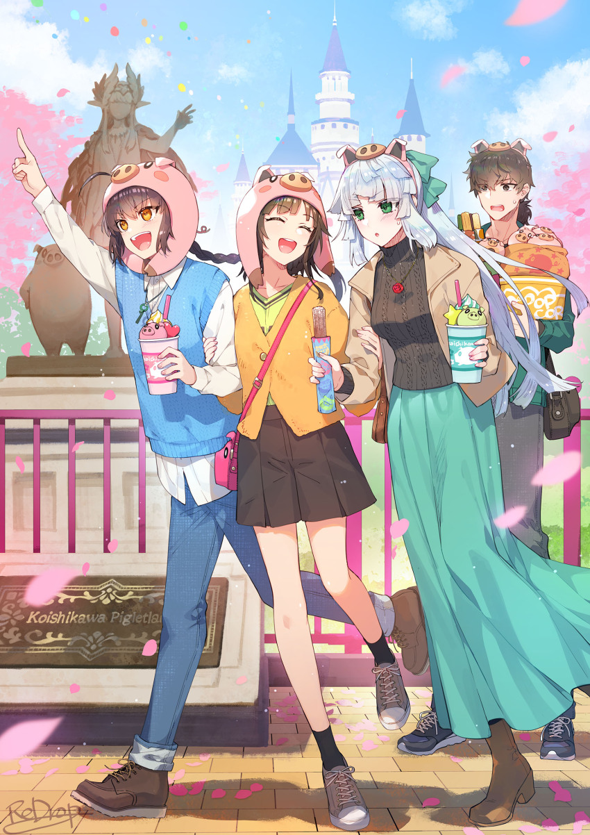 1boy, 1other, 2girls, absurdres, animal_ears, aqua_skirt, beanie, black_hair