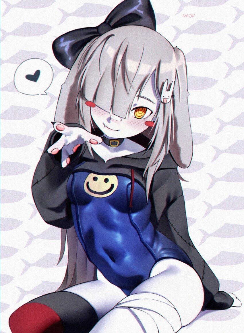 1girl, absurdres, bandaged_leg, bandages, blush, blush_stickers, borrowed_character, bow, choker, fang, fish, floppy_ears, hair_bow, hair_ornament, hair_over_one_eye, hairclip, heart, highres, najucaju_naju, one-piece_swimsuit, original, oyasu_miyo, pale_skin, pawpads, ringed_eyes, shrug_(clothing), spoken_heart, swimsuit, thighhighs, yellow_eyes
